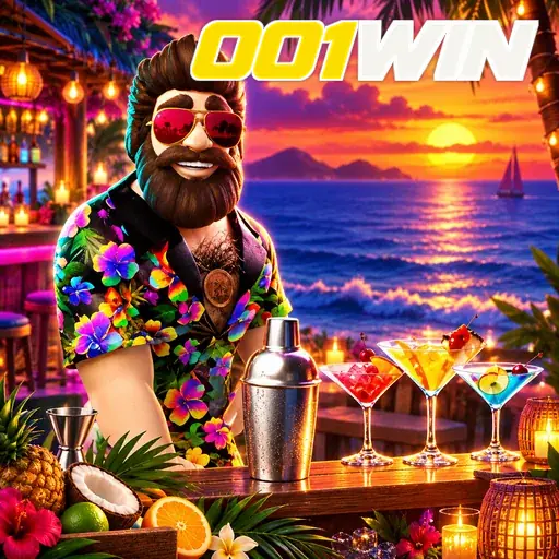 001WIN — ilustração de um personagem em uma festa tropical